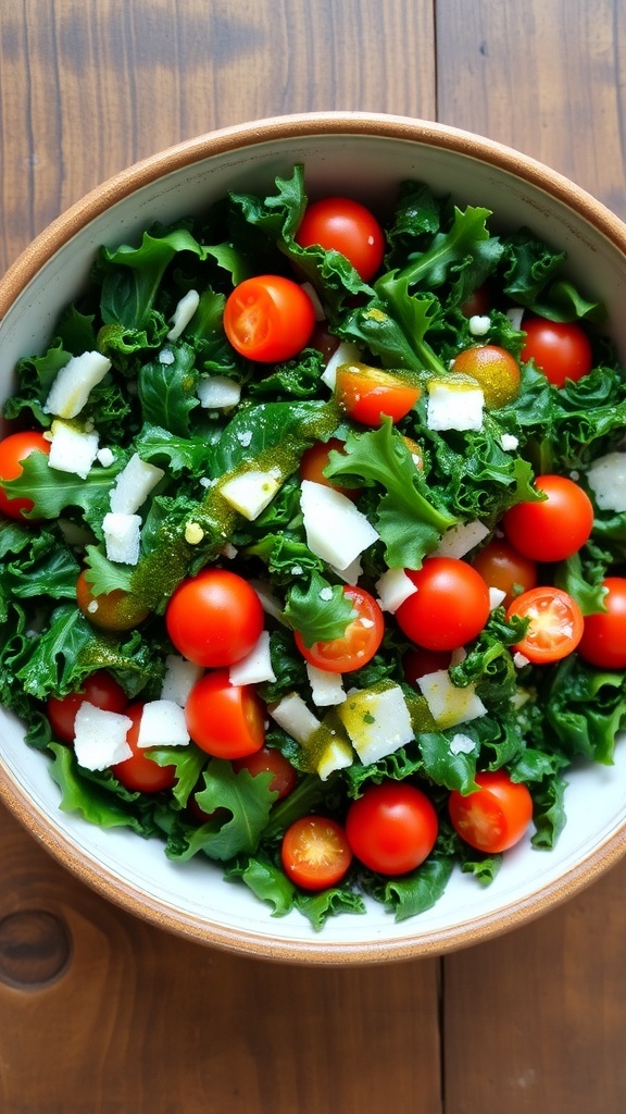 A colorful kale salad with tomatoes and Parmesan cheese, dressed with lemon vinaigrette on a wooden table.